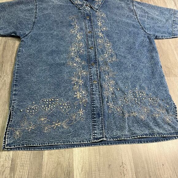 Vintage Acid Wash Embroidered Faux Pearl Denim Short Sleeve Shirt Western 18-20 - Picture 3 of 8